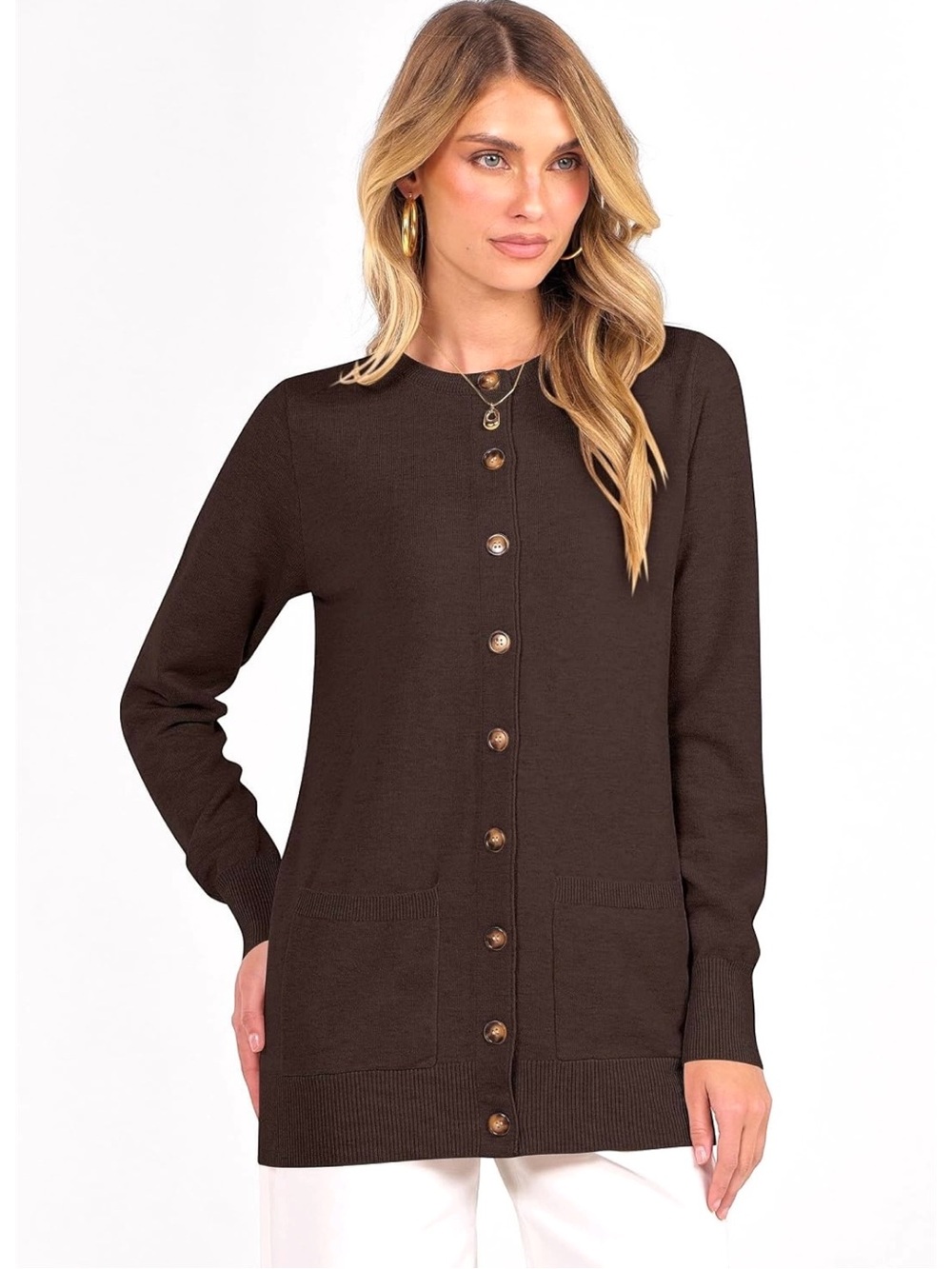 NWT Anrabess Womens Soft Expresso Brown Button Down 2 Pocket Cardigan Sweater XL
